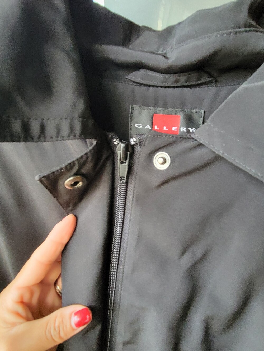 Black Gallery all-weather Coat XL Removable Hood Hidden button front Zip closure - Picture 5 of 16